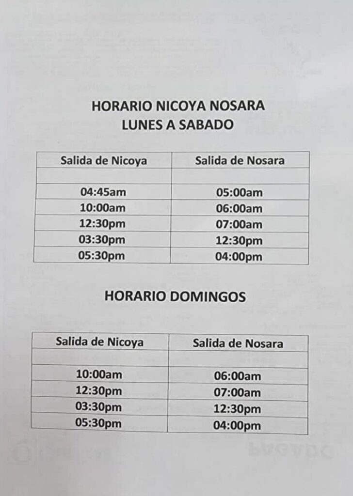 Nicoya to Nosara bus route
